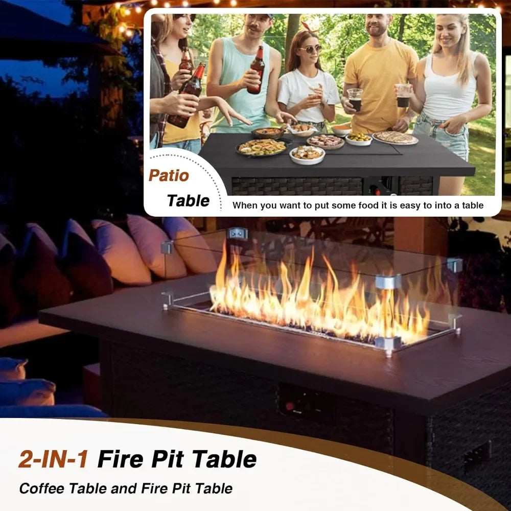 7 Piece Patio Furniture Set with Fire Pit Table All Weather Outdoor Sectional PE Rattan Patio Conversation Sets with Cushions