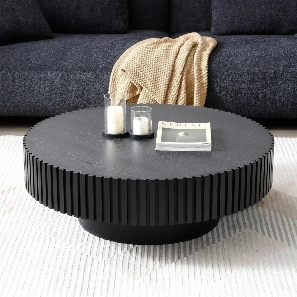 31.49'' Round Coffee Table Wood End Table for Living Room, Modern Contemporary Circle Fluted Drum Side Table,Café Furniture