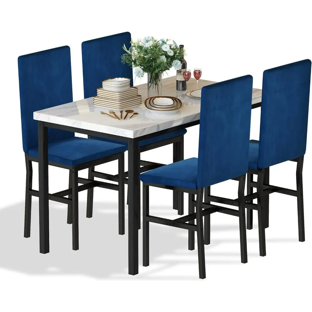 Ensemble de table à manger pour 4 personnes, plateau en faux marbre de style moderne et 4 chaises en velours pour salle à manger, cuisine, petit-déjeuner et petits espaces