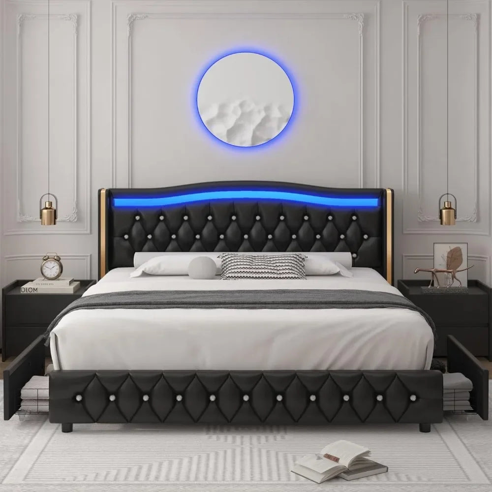 Marco de cama con plataforma LED inteligente King con 4 cajones de almacenamiento, cabecero con alas con botones de cristal y detalles en oro inoxidable, camas