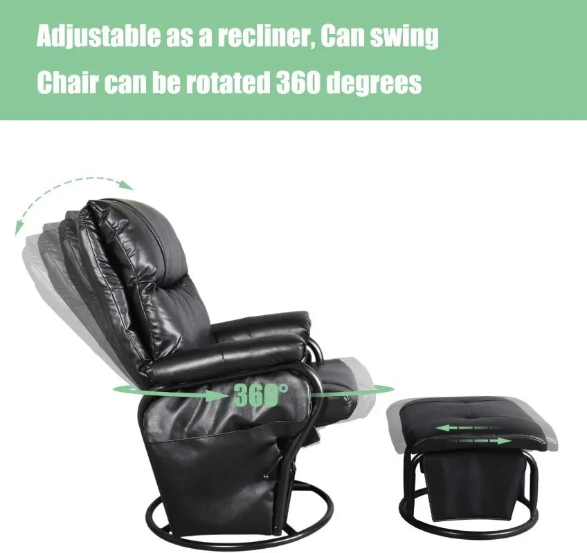 Recliner Chair with Ottoman Living Room Chairs 360 Degree Rotation Leisure and Relaxation Furniture (Black)