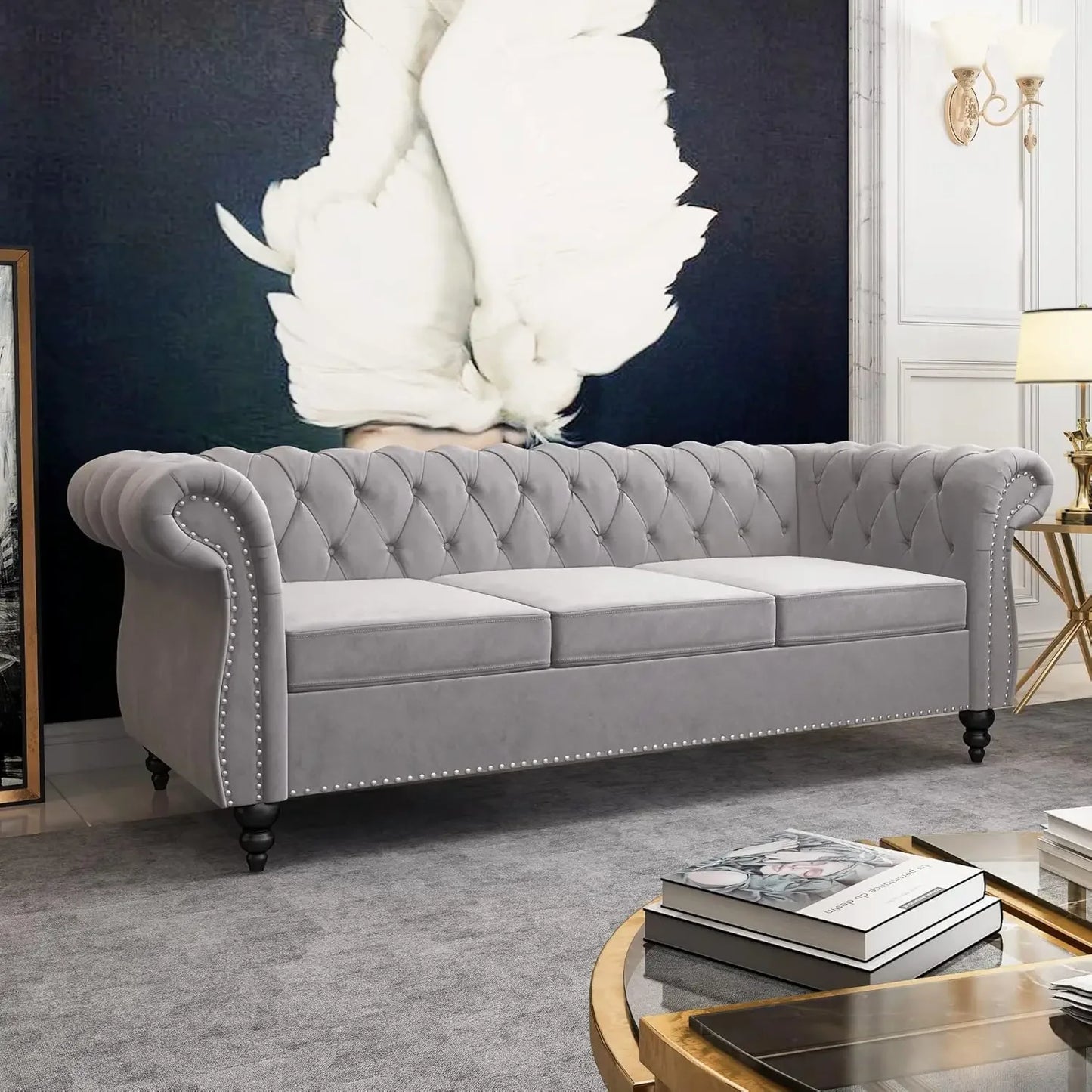 Accent Large Sofa, Chesterfield Couch 3 Seater Modern Velvet Couch Upholstered Sofa with Tufted Back for Living Room Furniture