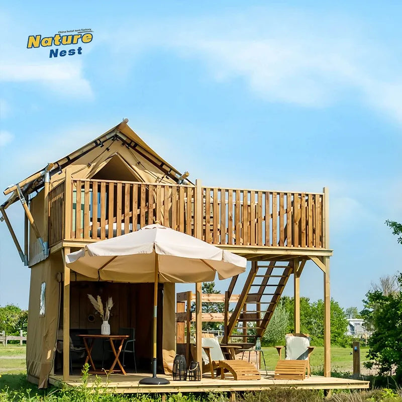 Tente Safari à deux étages avec 2 lits, tente de camping de luxe préfabriquée, maison en bois à 2 étages