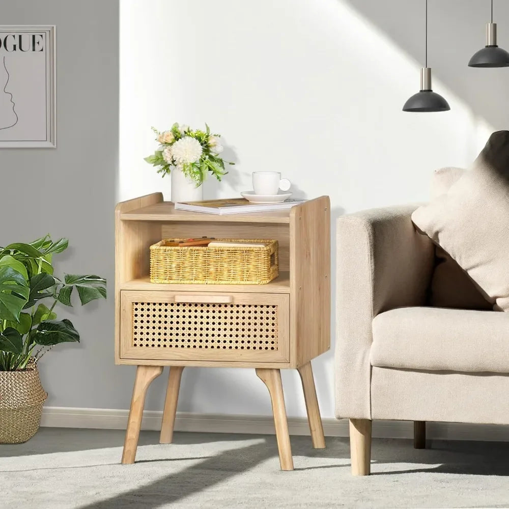 Rattan Nightstands Set of 1, Cane Accent Bedside End Table with Solid Wood Legs for Bedroom, Dorm and Small Spaces