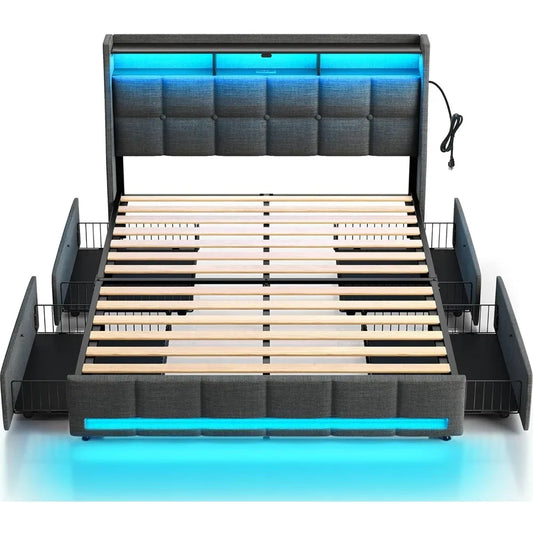 Queen Size Bed Frame with LED Lights and Charging Station, Upholstered Bed Storage Headboard & Drawers, Heavy Duty Wood Slats