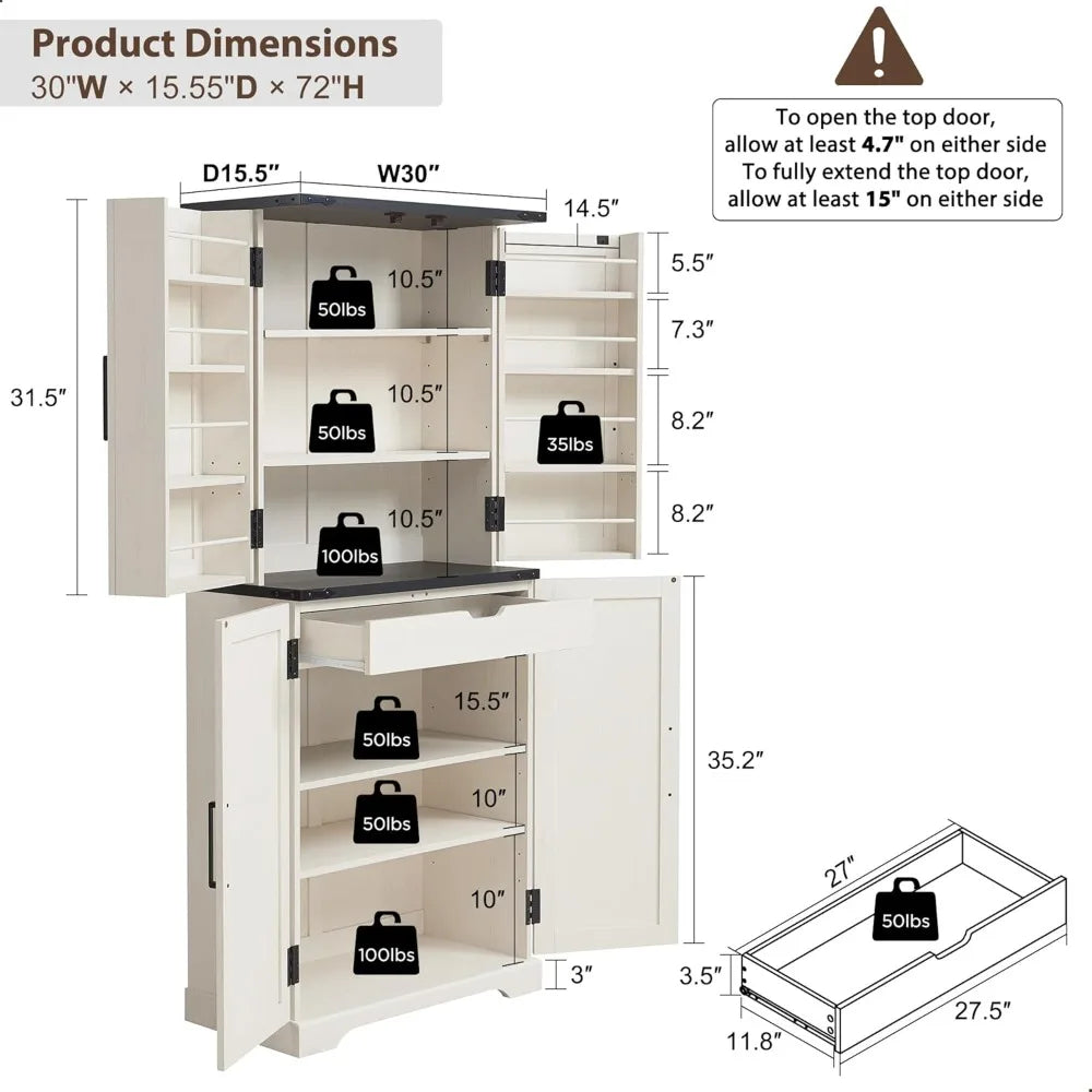 Garde-manger de cuisine, armoire de rangement avec portes de grange, organisateur, tiroir et étagères réglables, armoire en bois rustique pour cuisine