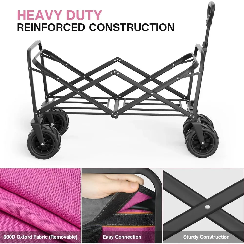 Sand Camping Trolley Pink Garden Carts Folding Home Handcart Beach Cart With Big Wheels Hand Cart Collapsible Foldable Wagon