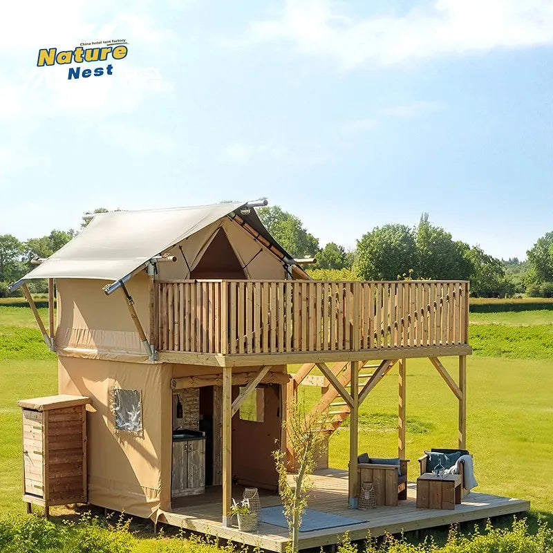 Tente Safari à deux étages avec 2 lits, tente de camping de luxe préfabriquée, maison en bois à 2 étages