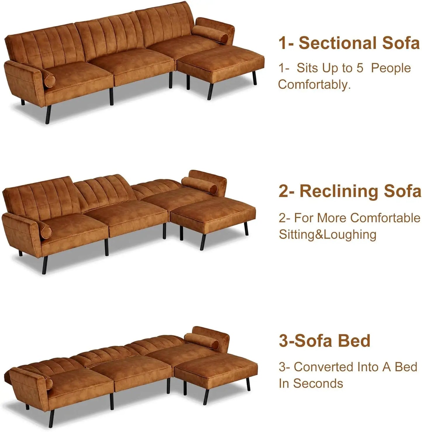 Velvet Sectional Convertible Sofa with Chaise, Sectional Sofa Couch with USB, Split Back Folding Futon Couch for Living Room