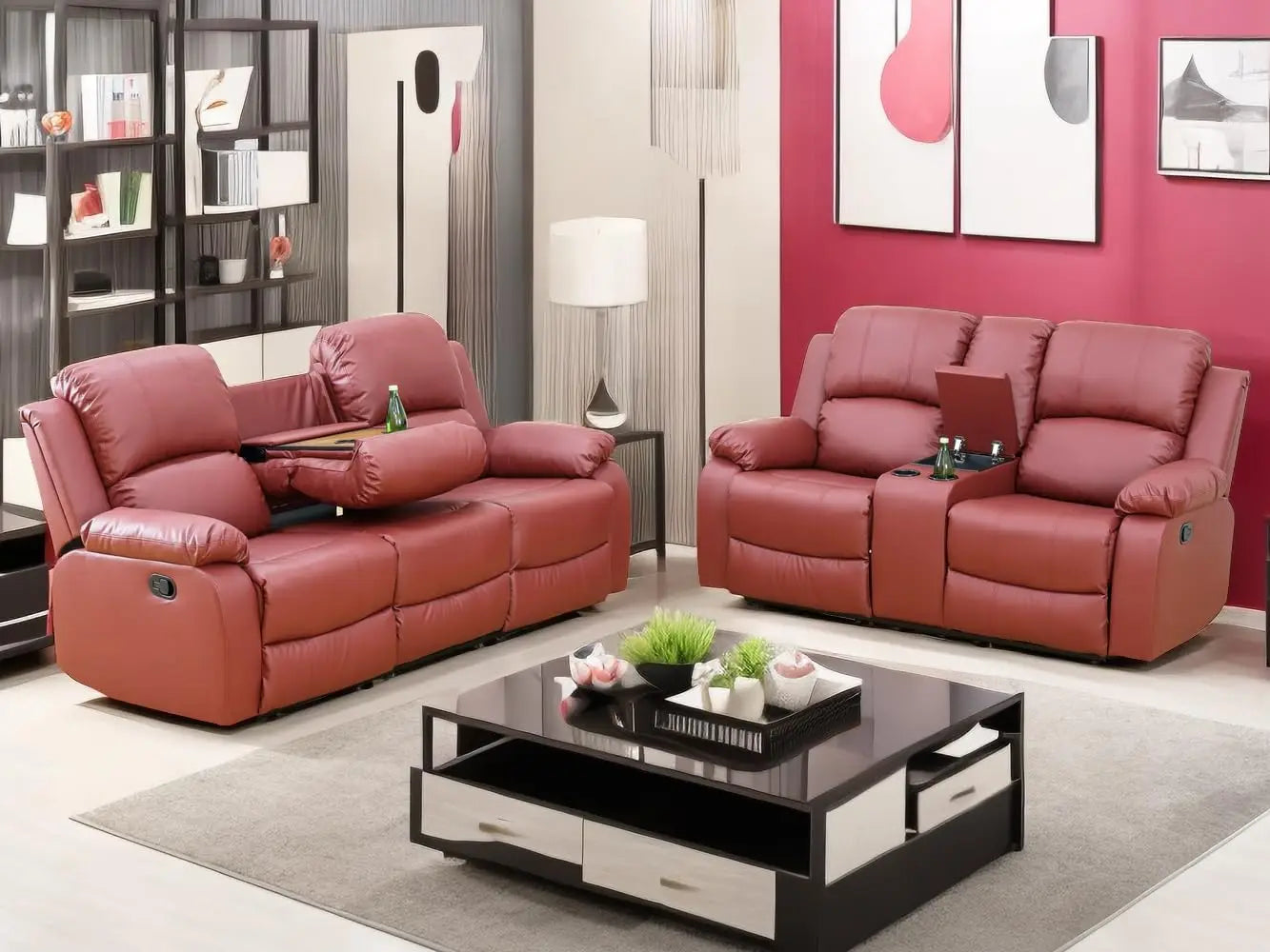 Sofa Set Living Room Furniture Reclining Couch Set with Cup Holders/Storage Console/Drop Down Table Fabric Recliner Sofa Set