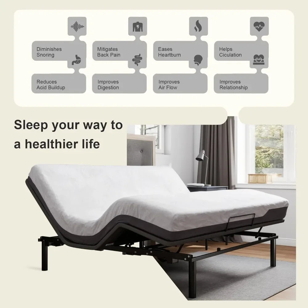 Base de cama ajustable ergonómica tamaño king, control remoto inalámbrico, motor duradero y silencioso, inclinación independiente de la cabeza y los pies