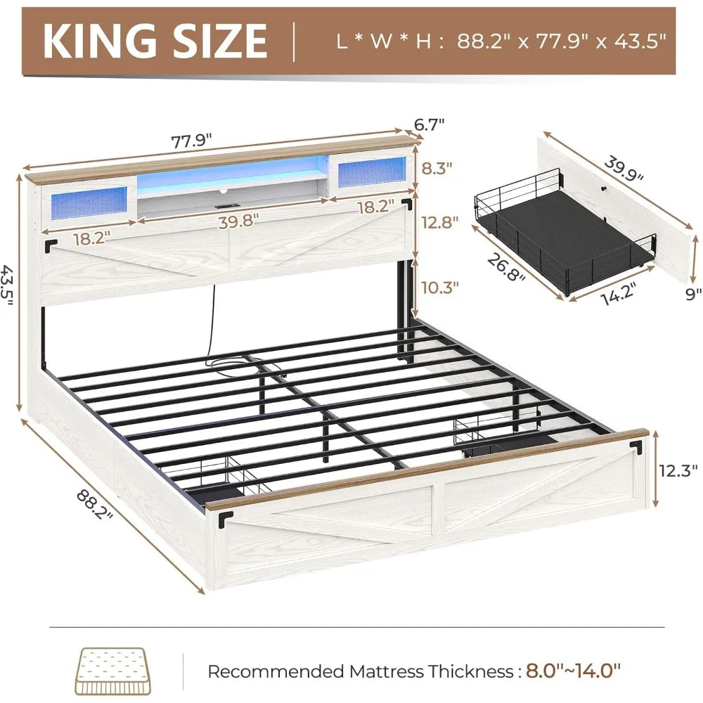 Bed Frame King Size with Bookcase Headboard and 2 Drawers, Wooden Platform King Bed with LED Lights and Charging Station