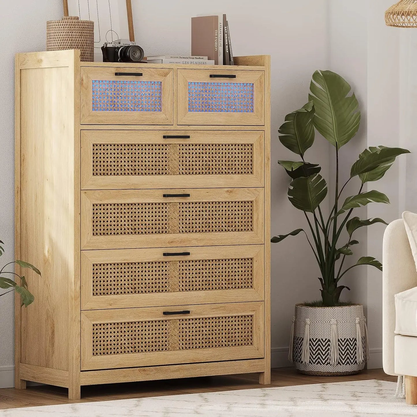 6 Drawer Dresser for Bedroom, Rattan Wood Dressers with Led Light, Tall Dressers & Chests of Drawers,  for Bedroom, Entryway