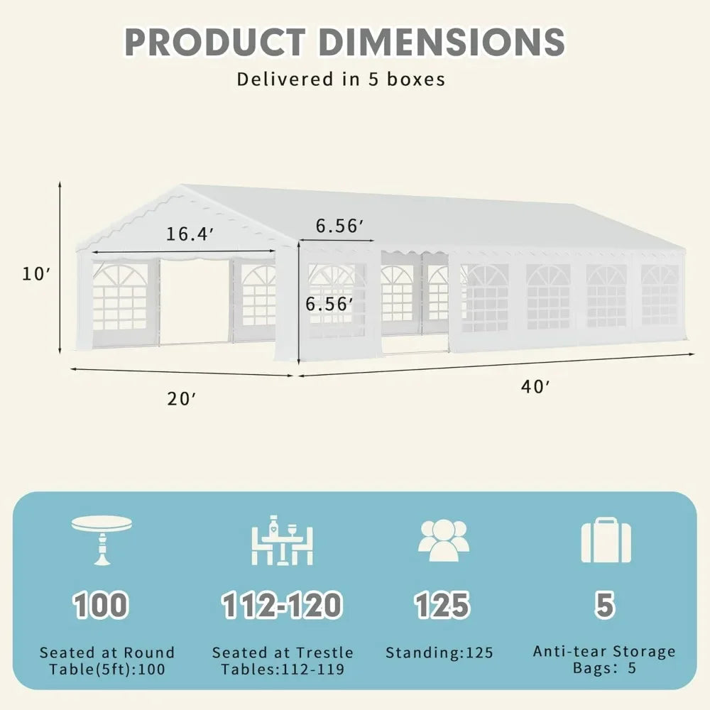 Tente de fête, tente de mariage extérieure, 20 x 40 pieds, 2 portes enroulables, 6 sacs de rangement, grand abri d'auto à auvent robuste avec parois latérales amovibles