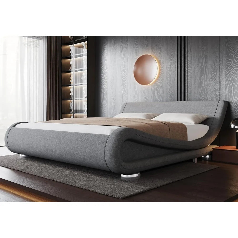 Cadre de lit king size avec tête de lit ergonomique et réglable, design moderne à plateforme rembourrée à profil bas