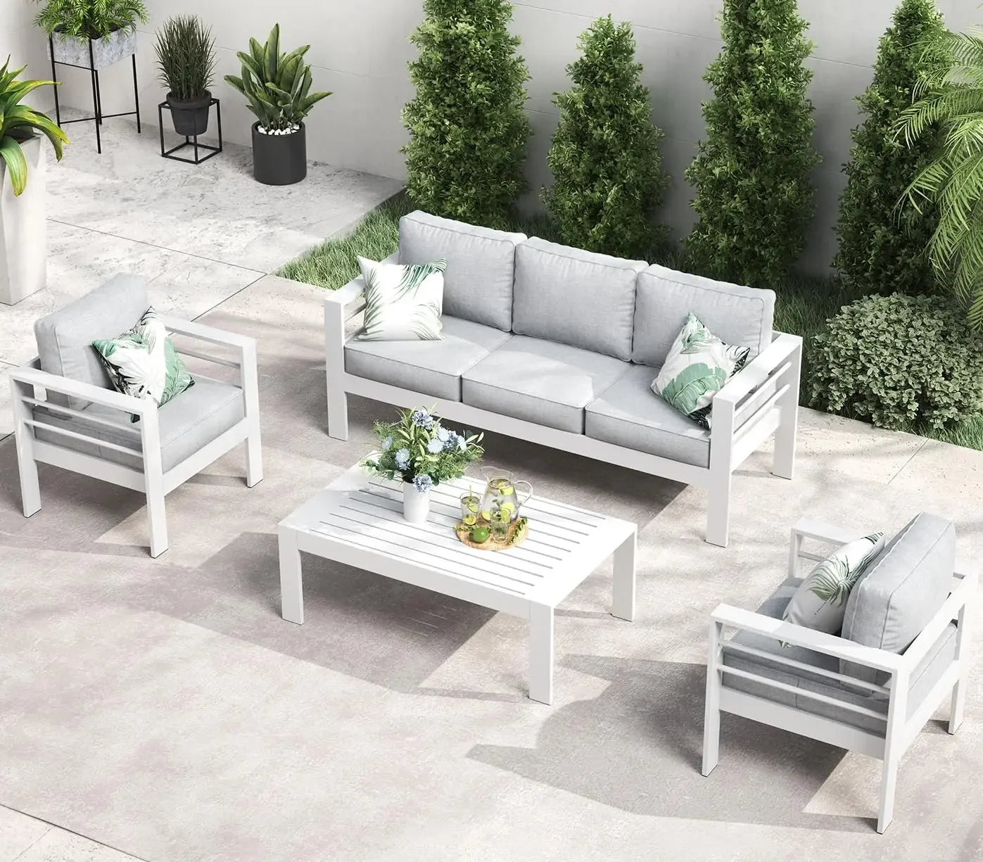 QLayinSun Aluminum Furniture with Fire Pit Table, 5 Pieces Patio Sectional Conversation Chat Sofa Modern Seating Set