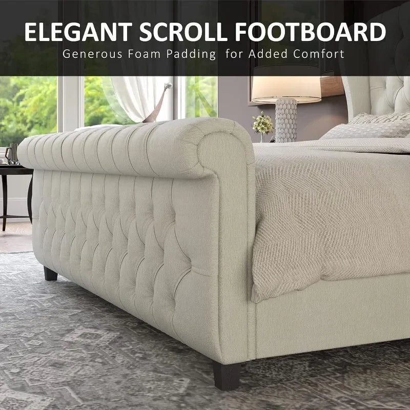 Queen Size Platform Bed Frame, Chenille Upholstered Sleigh Bed with Scroll Wingback Headboard & Footboard/Button Tufted