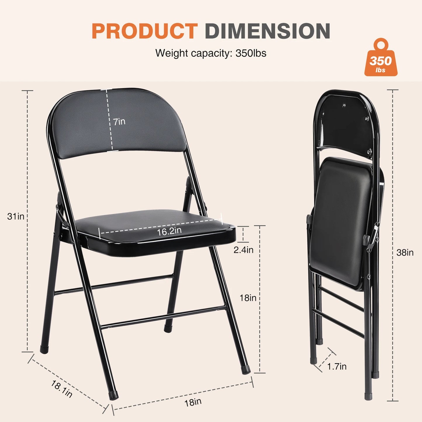 Silla plegable acolchada de cuero JHK, paquete de 4, sillas mecedoras de metal resistentes para sala de estar, fáciles de usar y guardar para exteriores, para el hogar y la oficina