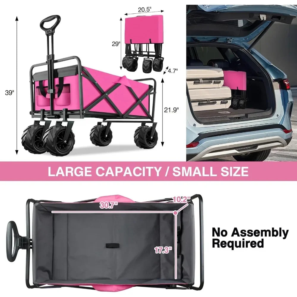 Sand Camping Trolley Pink Garden Carts Folding Home Handcart Beach Cart With Big Wheels Hand Cart Collapsible Foldable Wagon