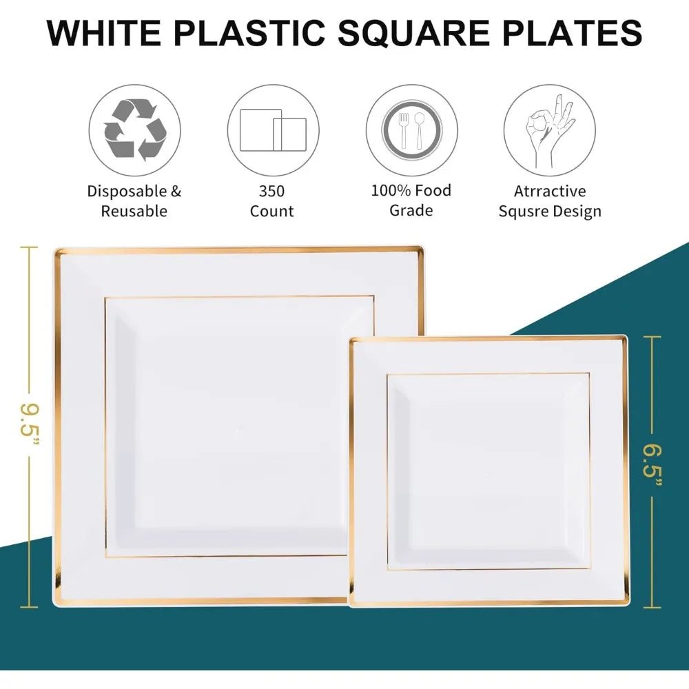 Service de table doré pour 50 invités - 100 assiettes carrées en plastique blanc avec bordure dorée, 50 fourchettes, cuillères, couteaux, tasses et serviettes en plastique doré