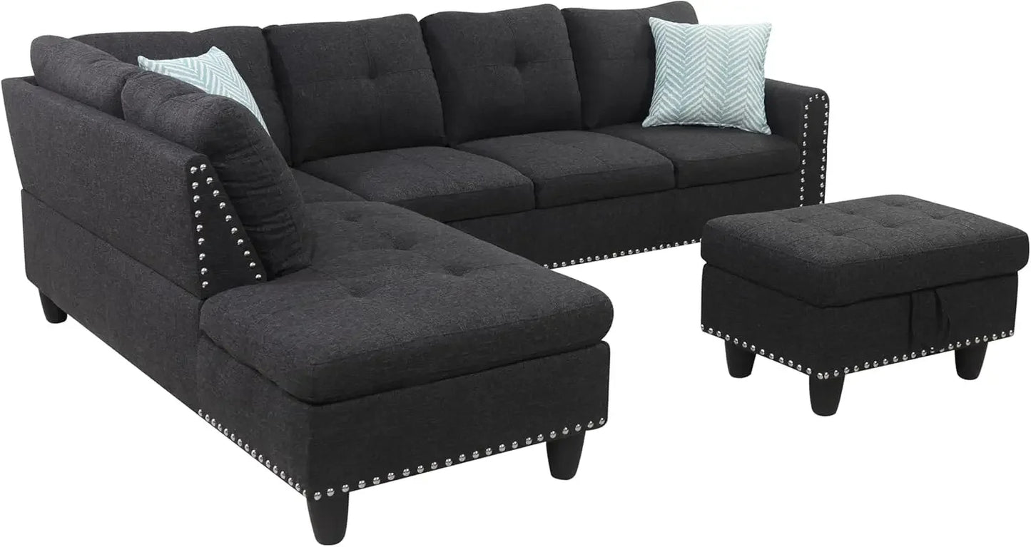 Sectional Sofa with Ottoman Living Room Furniture Set Left Facing Chaise, 2 Cup HoldersComfy Upholstered Sofa&Couch Corner