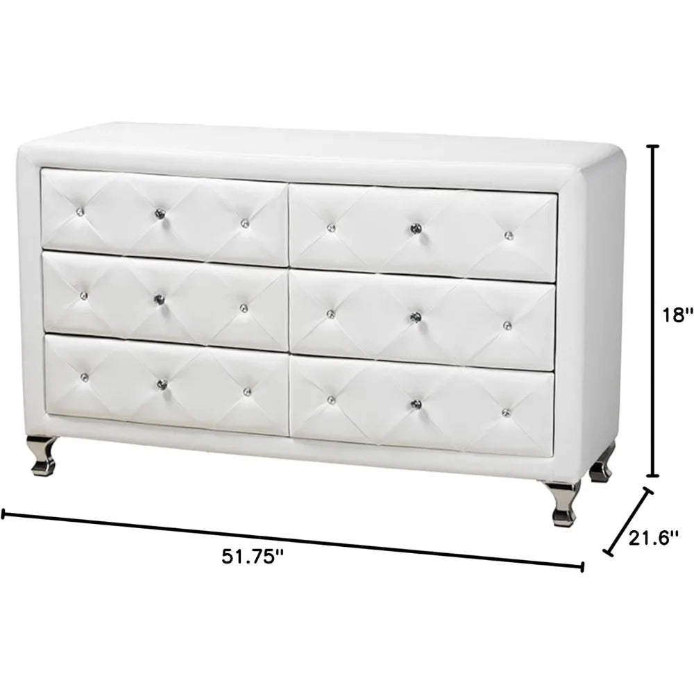 Cómoda, baúles de almacenamiento blancos, 21,6" x 51,75" x 18", fácil de ensamblar, patas de acero cromado, muebles de dormitorio