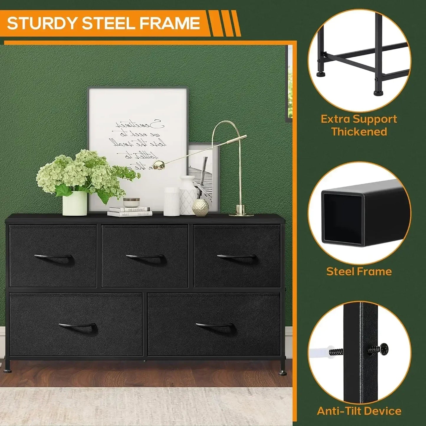 Dresser for Bedroom, 5 Storage Drawers, Wide Fabric Closet Chests Organizer Tower Furniture with Wooden Top Metal Frame