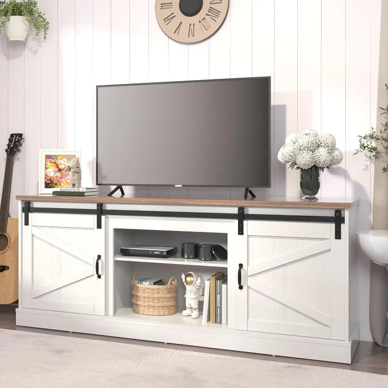 Mueble de TV estilo granja y centro de entretenimiento para televisores de hasta 75", consola y mueble multimedia con espacio de almacenamiento, 67", color blanco