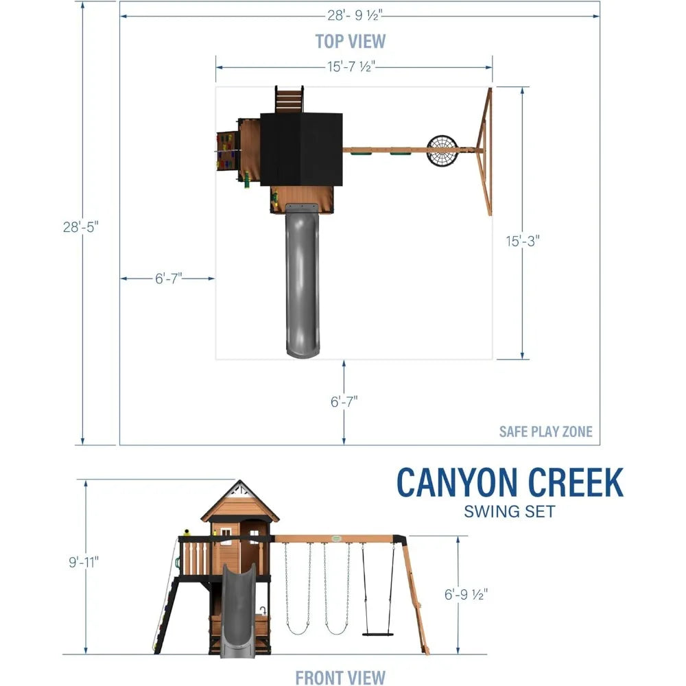 Maison de jeux, ensemble de balançoires en bois de cèdre Backyard Discovery Canyon Creek avec toboggan à vagues gris, maison de jeux avec gril, nourriture en plastique, aire de pique-nique