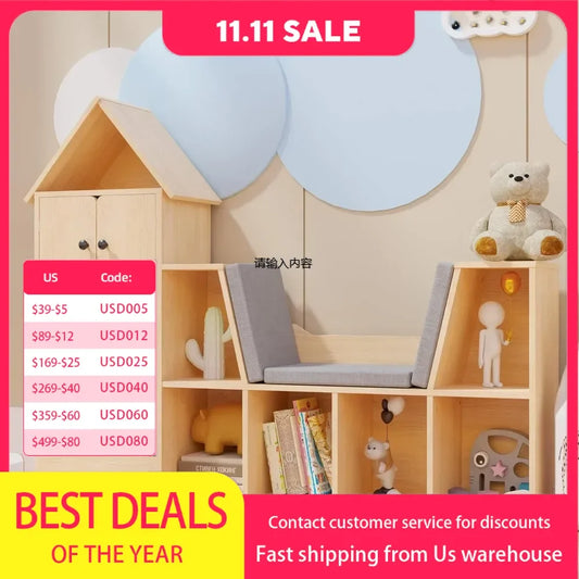 56.9" Wooden Kids Bookshelf with Reading Nook, Kids Bookcase with Detachable Cushions,Toy Storage Organizer with 9 Cubes