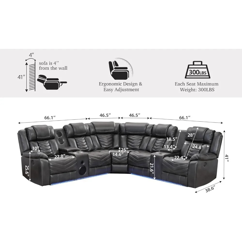 recliner，Power Reclining Sectional Couch with Bass Speaker Recliner Reclining Sectional Sofa with LED Light Faux Leather