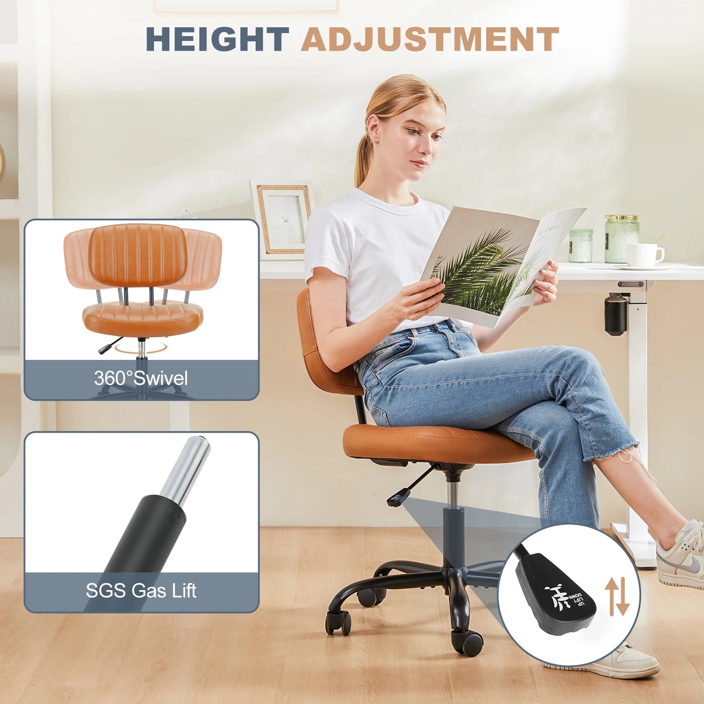 Silla de escritorio de oficina sin brazos JHK con respaldo y soporte lumbar, altura ajustable, silla de computadora de cuero PU con ruedas giratorias de 360°