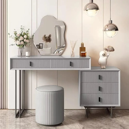 Tocador de maquillaje gris con cajones, tocador moderno para dormitorio, juego de muebles de almacenamiento, color gris