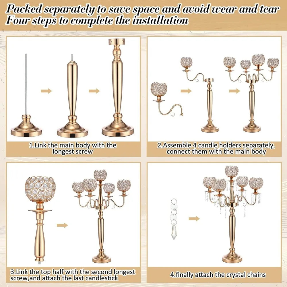 Candelabros de cristal para centros de mesa de 29,5 pulgadas, 4 candelabros dorados para centros de mesa, candelabros altos de cristal