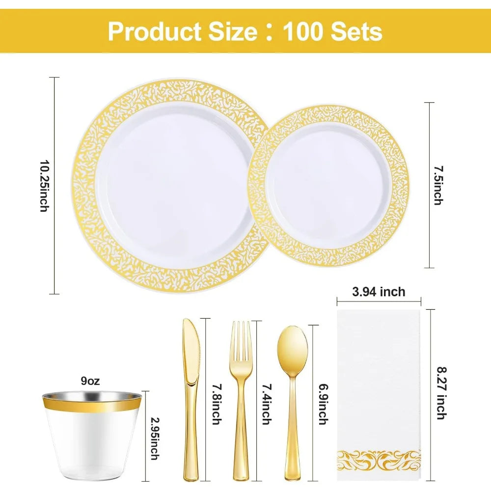 700PCS Gold Plastic Dinnerware Set for 100 Guests, 100 Dinner Plates, Dessert Plates, Gold Silverware Set,Cups, Napkins