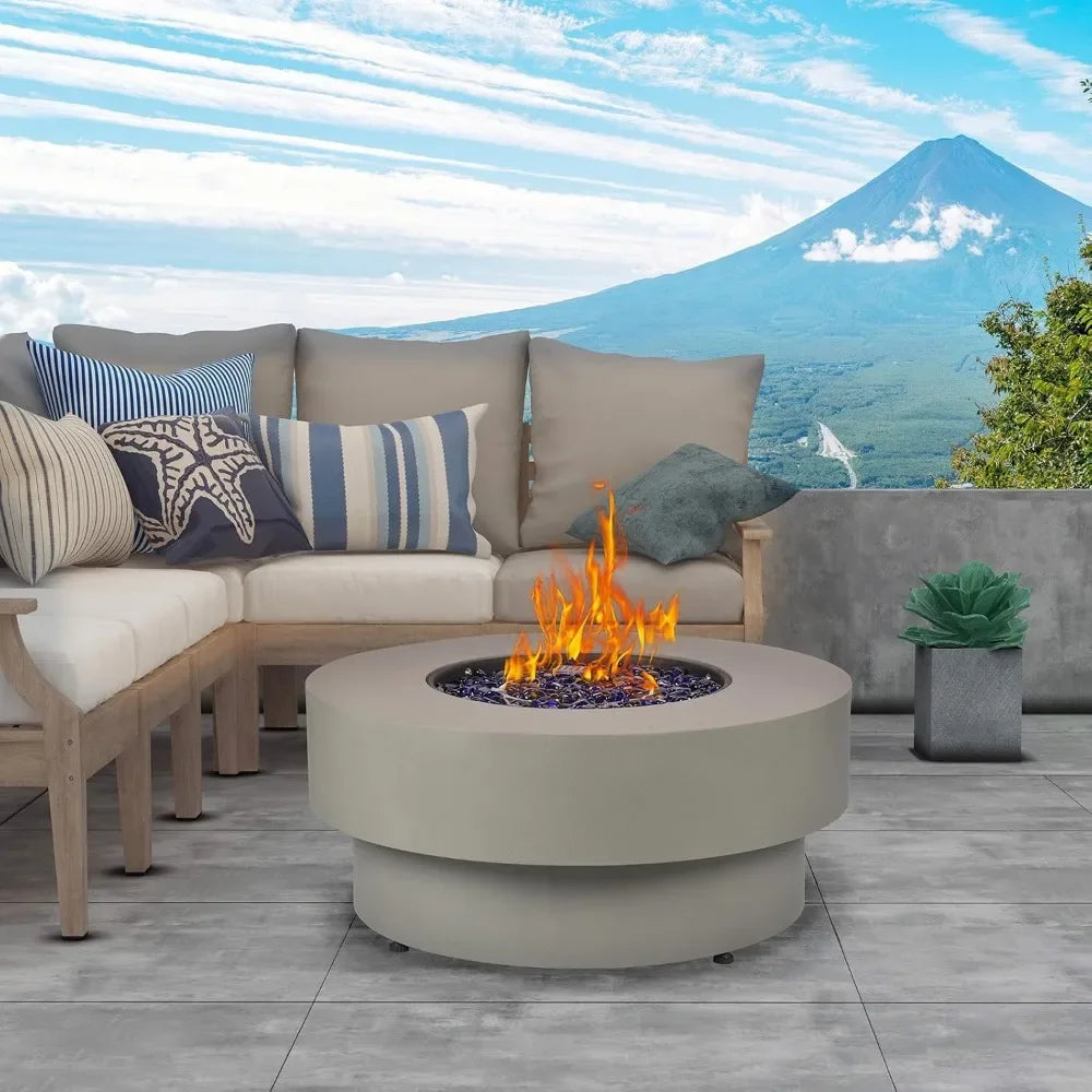 Propane Outdoor Fire Pit Table, Flint & Concrete Look 33-inch Round Patio Gas Fire Table 50,000 BTU w/Lid, Fire Glass