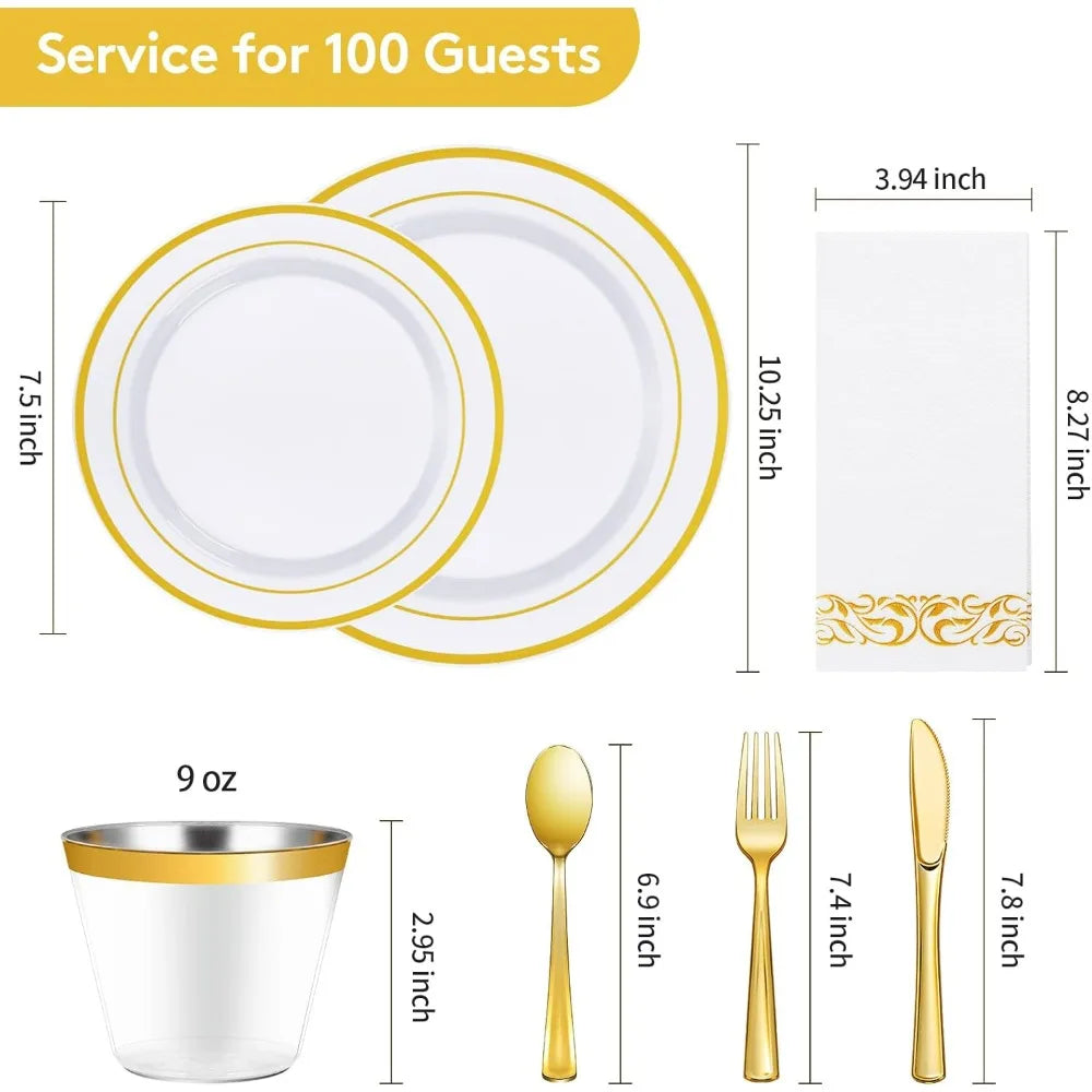 700 Piece Gold Dinnerware Set for 100 Guests, 100 Gold Rim Dinner Plates,Dessert Plates, Paper Napkins, Cups