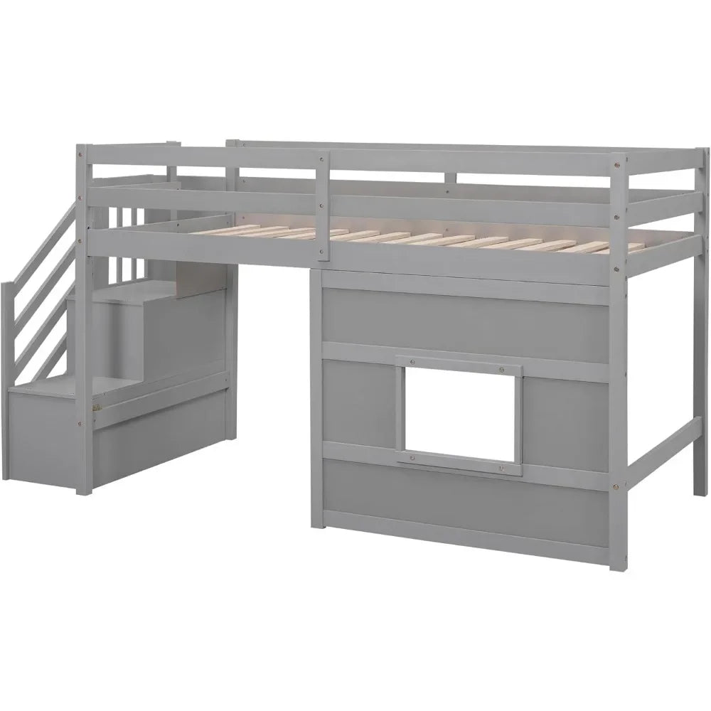 Cama loft doble de tamaño doble para niños, cama loft doble con escalera de almacenamiento y ventana, estructura de cama de madera para adolescentes, niños y niñas (gris)