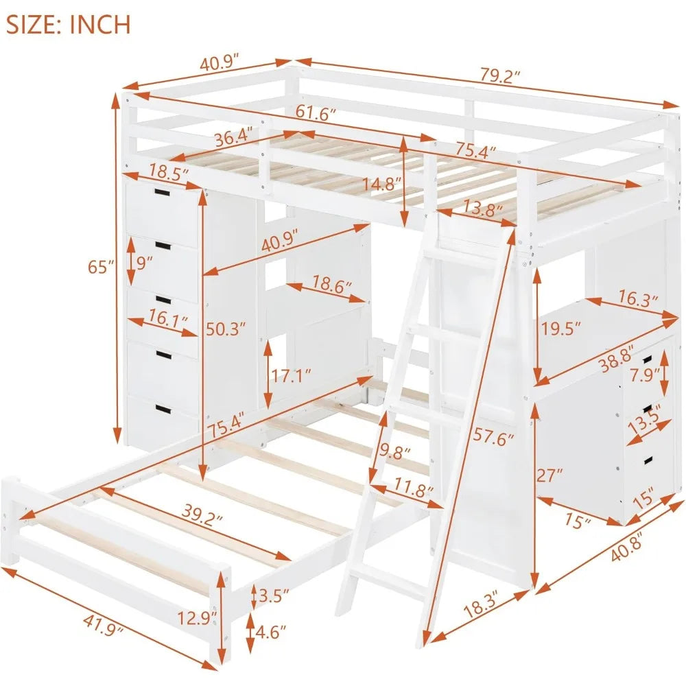 bed，Twin Over Twin Bunk Beds with Built-in Desk & Shelves,Soild Wood Bed Frame with 5 Storage Drawers, LED Light and USB Ports,