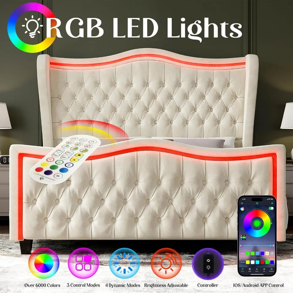 Queen Size Bed Frame with LED Lights, 53'' Upholstered Platform Wingback Bed with Handmade Deep