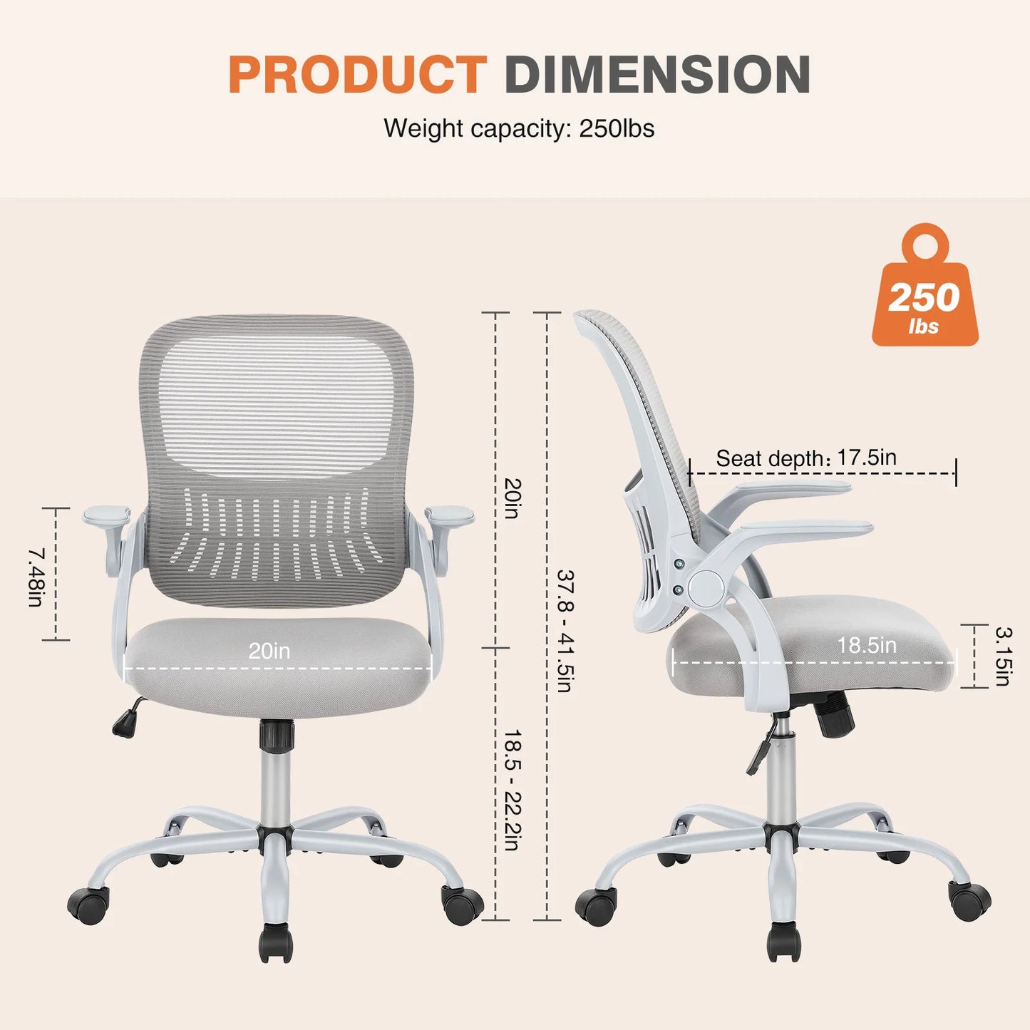 JHK Chaise de bureau ergonomique à dossier en maille, hauteur réglable, chaises de travail pivotantes pour ordinateur et jeu avec roulettes pour la maison