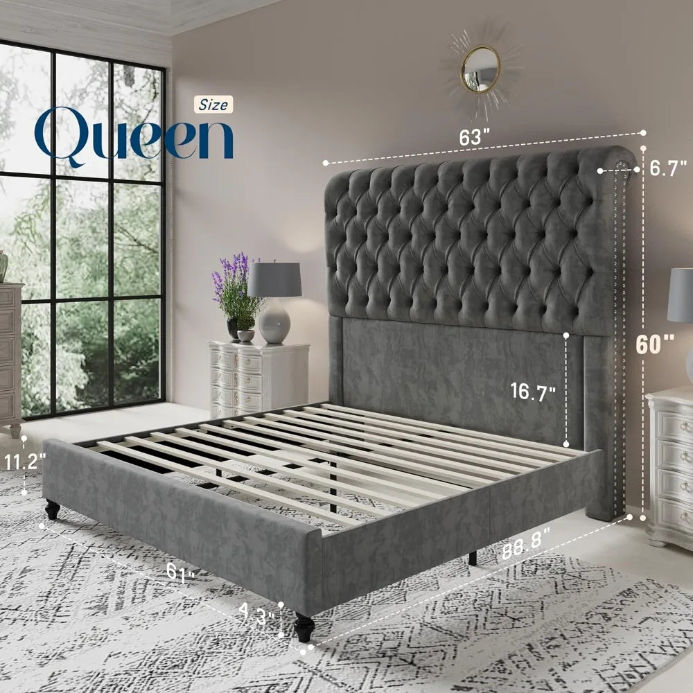 Queen Size Bed Frame with Sleigh Headboard 60" Tall Velvet Upholstered Platform Bed, No Box Spring Needed