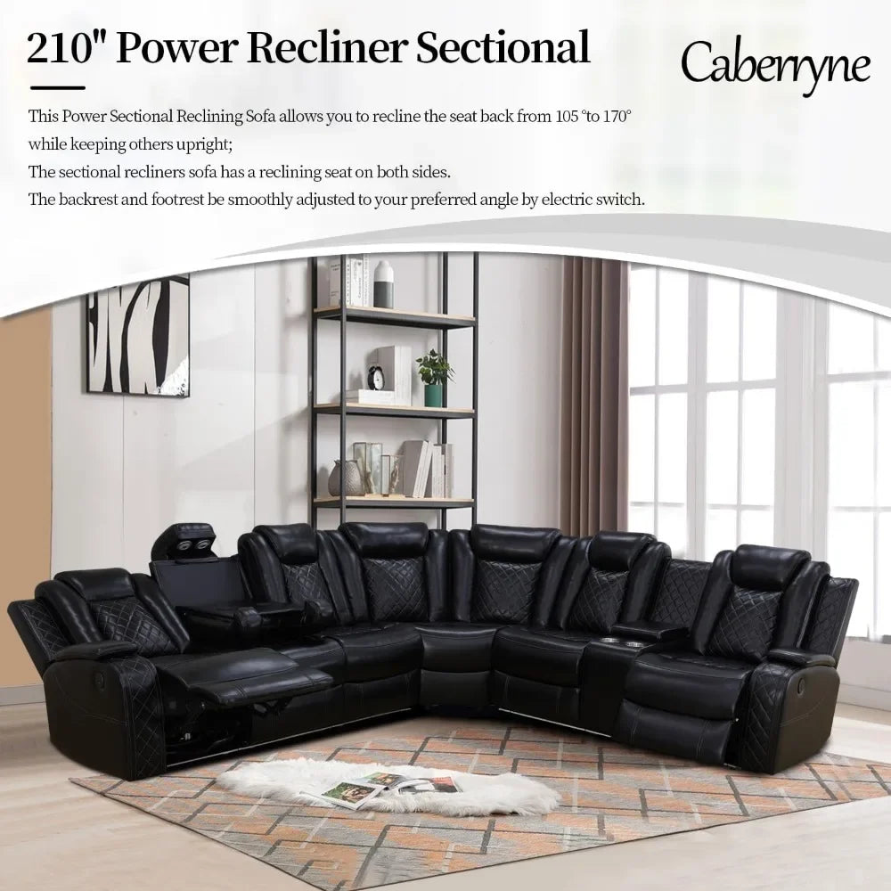 recliner，Power Recliner Sofa Sectional Couches with LED Light for Living Room,Leather Reclining Corner Sectional Sofa Set