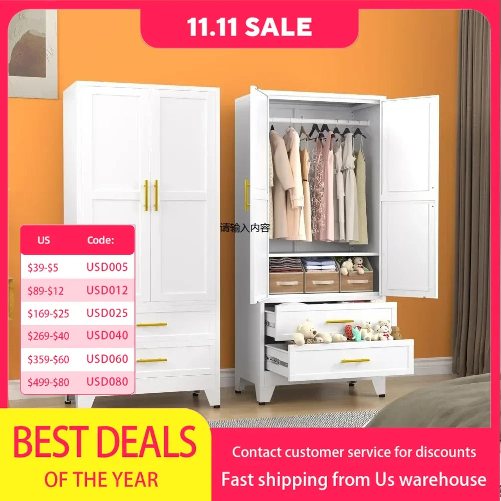 Wardrobe.Metal Armoire Wardrobe Closet, 71 "Metal Clothing Storage Cabinet With Adjustable Shelves And Hanging Rod, Household St