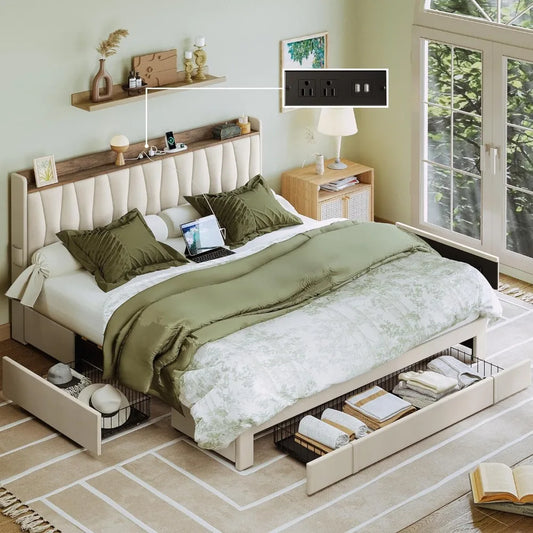 Bed Frame with Storage Headboard and Charging Station, Upholstered Platform Bed with 3 Drawers, No Box Spring NeededLM