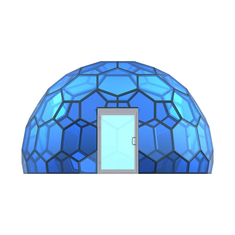 Tente d'hôtel en verre bleu Ford, maison hexagonale en verre trempé, igloo, cadre en aluminium géodésique, complexe de luxe en plein air, camping rond