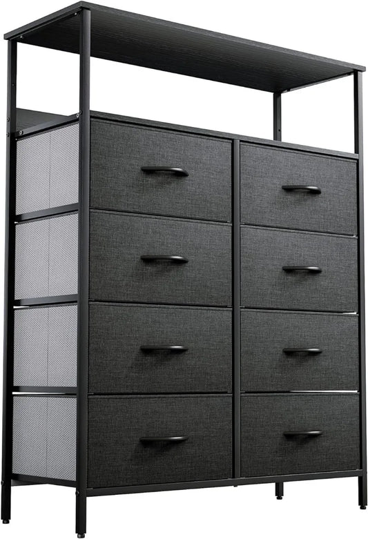 Commode en tissu à 8 tiroirs avec étagères, armoire de rangement pour meubles, organisateur pour chambre à coucher, bacs en tissu faciles à tirer (noir gris)