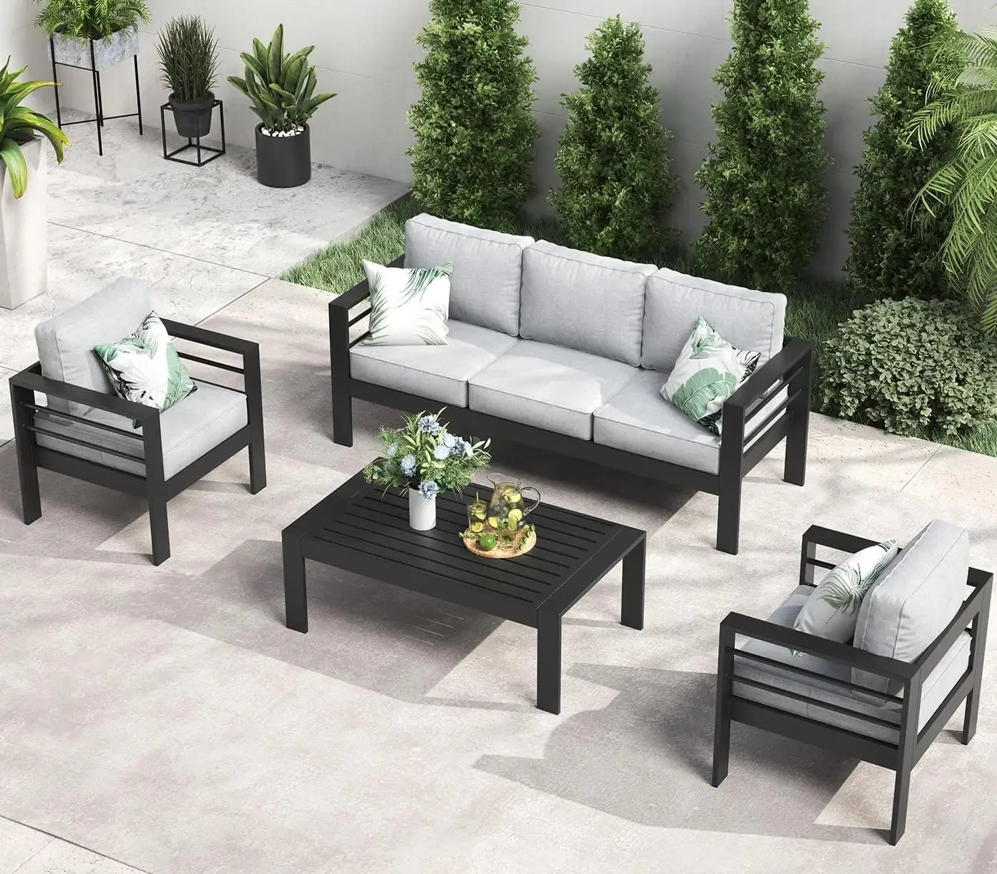 QLayinSun Aluminum Furniture with Fire Pit Table, 5 Pieces Patio Sectional Conversation Chat Sofa Modern Seating Set