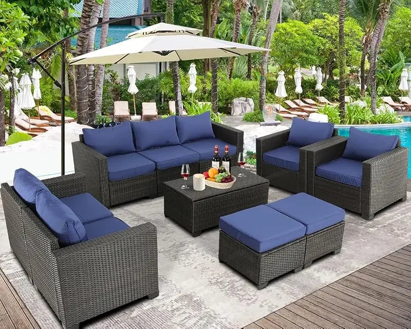 Qoutdoor PE wicker patio furniture rattan sectional loveseat couch set conversation sofa with storage box for balcony lawn a