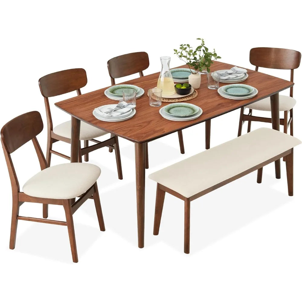 Ensemble de salle à manger 6 pièces, table en bois moderne du milieu du siècle et ensemble de chaises rembourrées pour la maison, la cuisine, noyer/crème